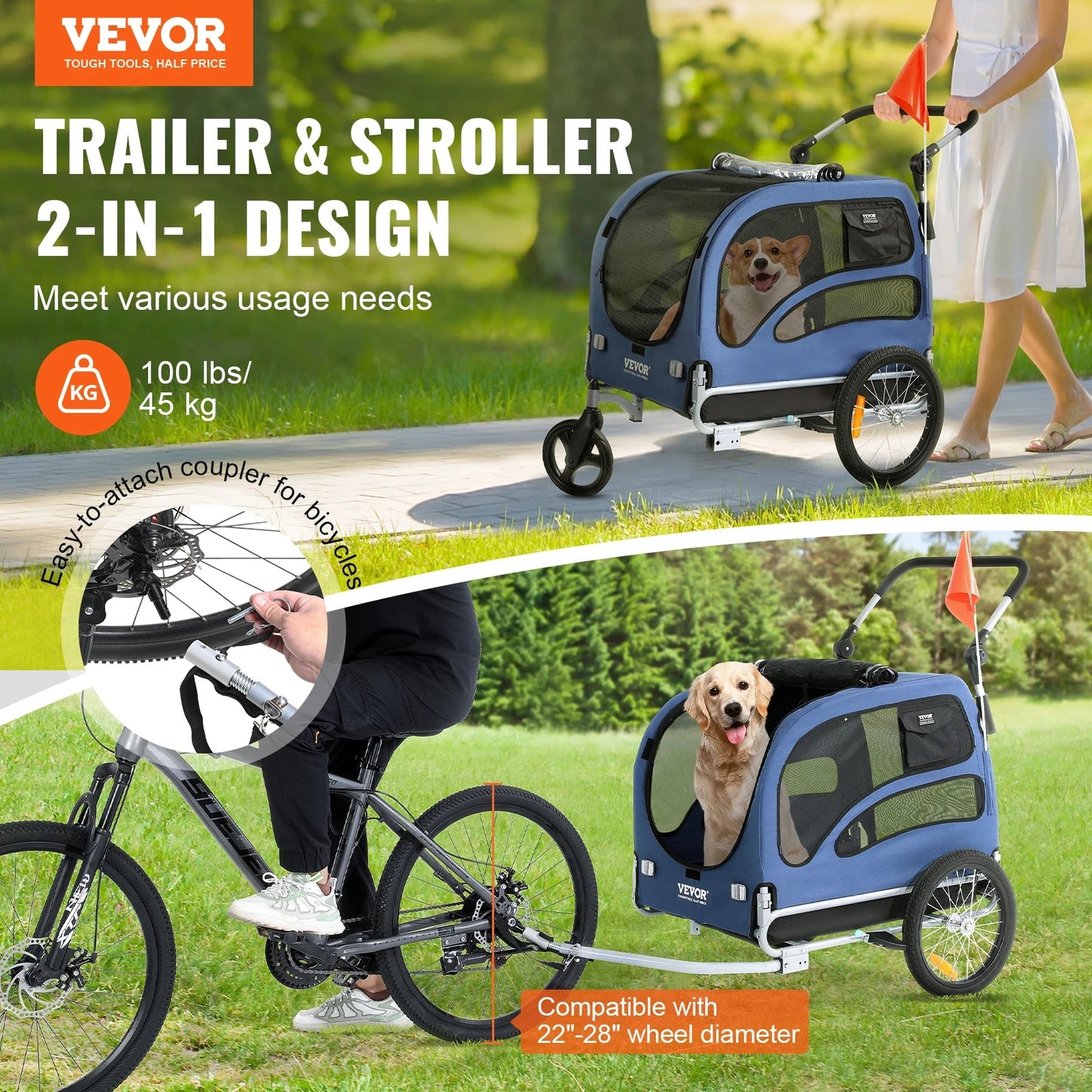 SucceBuy 2-in-1 Dog Bike Trailer and Pet Stroller – Bicycle Carrier with Wheels and Safety Flag, Up to 100 lbs