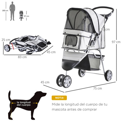 PawHut Foldable Pet Pram for Dogs and Cats – Grey Pet Cart with Wheels, 75 x 45 x 97 cm