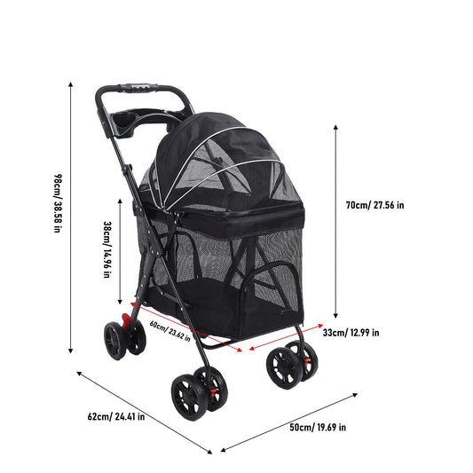 Foldable Pet Stroller for Dogs and Cats – One-Click Folding Design with Sunshade and Cup Holder