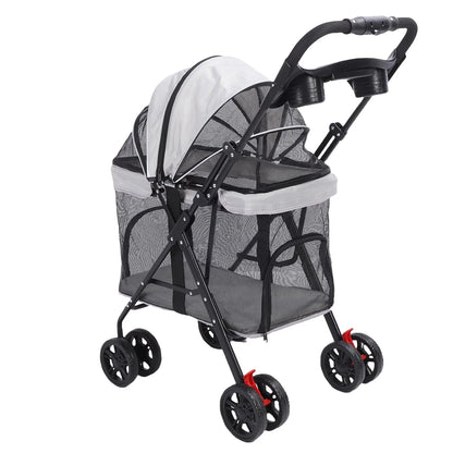 Foldable Pet Stroller for Dogs and Cats – One-Click Folding Design with Sunshade and Cup Holder