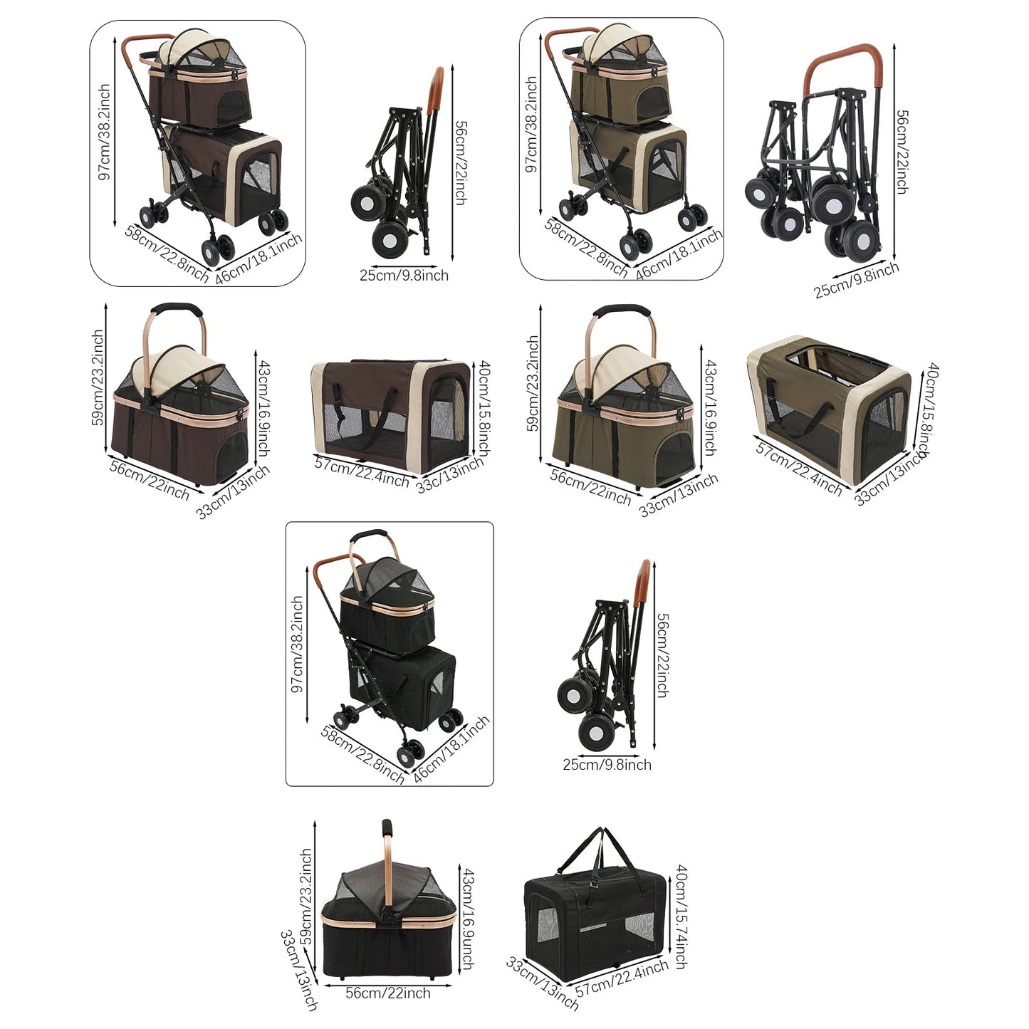Double-Tier Foldable Pet Stroller with Detachable Compartments for Dogs and Cats – Suitable for Small to Medium Pets