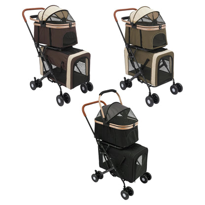 Double-Tier Foldable Pet Stroller with Detachable Compartments for Dogs and Cats – Suitable for Small to Medium Pets