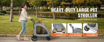 SucceBuy Heavy-Duty Pet Stroller for Dogs – 4-Wheel Design with Adjustable Handle and Brakes, Dark Grey (Up to 160 lbs)