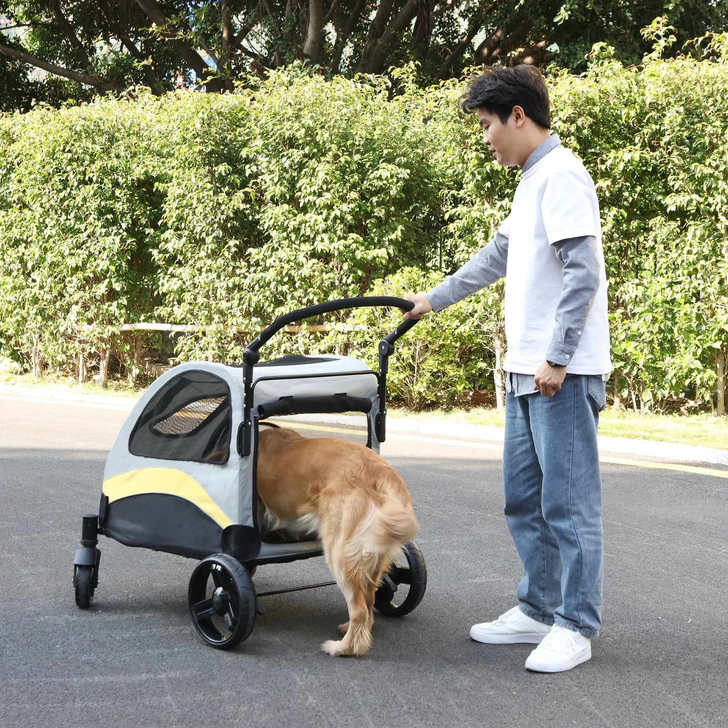 Portable Foldable Pet Stroller with 4 Wheels for Dogs and Cats – Breathable Carrier for Large Pets