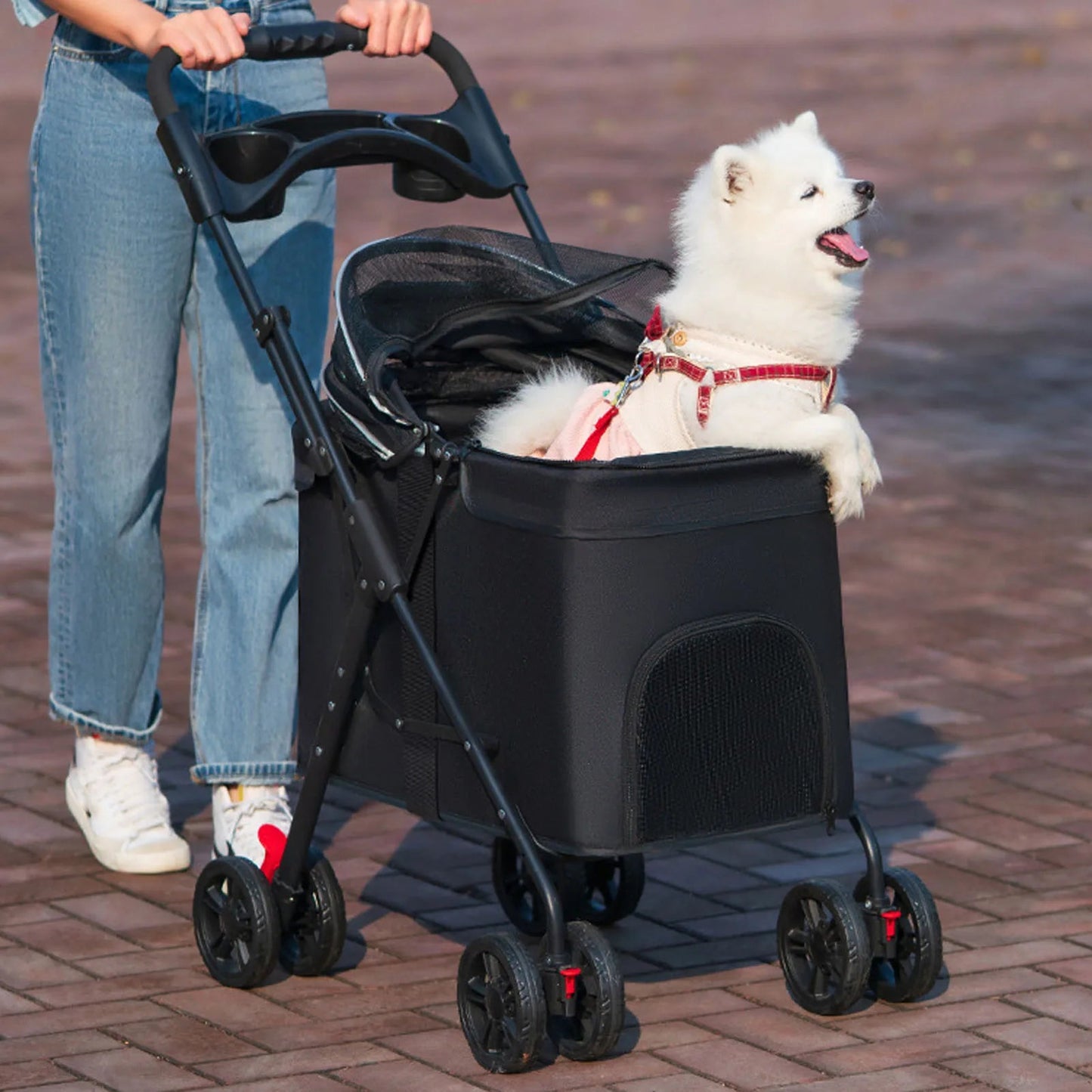 Foldable Pet Stroller for Dogs and Cats – One-Click Folding Design with Sunshade and Cup Holder