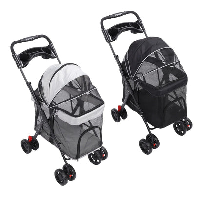 Foldable Pet Stroller for Dogs and Cats – One-Click Folding Design with Sunshade and Cup Holder