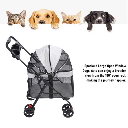 Foldable Pet Stroller for Dogs and Cats – One-Click Folding Design with Sunshade and Cup Holder