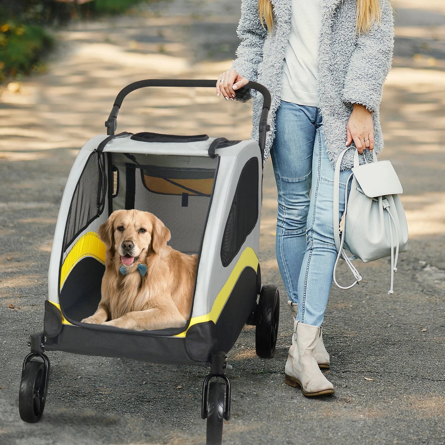 Portable Foldable Pet Stroller with 4 Wheels for Dogs and Cats – Breathable Carrier for Large Pets