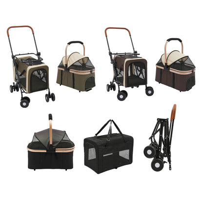Double-Tier Foldable Pet Stroller with Detachable Compartments for Dogs and Cats – Suitable for Small to Medium Pets