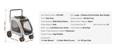 SucceBuy Heavy-Duty Pet Stroller for Dogs – 4-Wheel Design with Adjustable Handle and Brakes, Dark Grey (Up to 160 lbs)