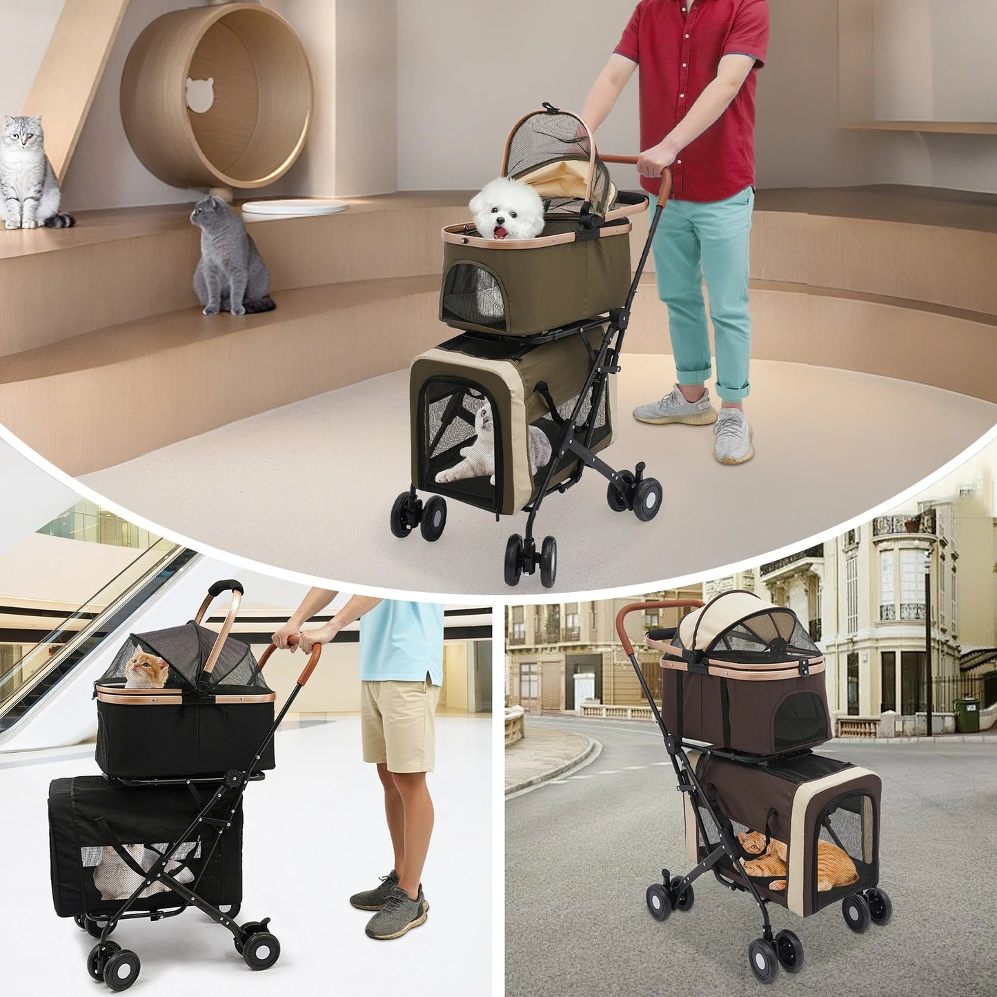 Double-Tier Foldable Pet Stroller with Detachable Compartments for Dogs and Cats – Suitable for Small to Medium Pets