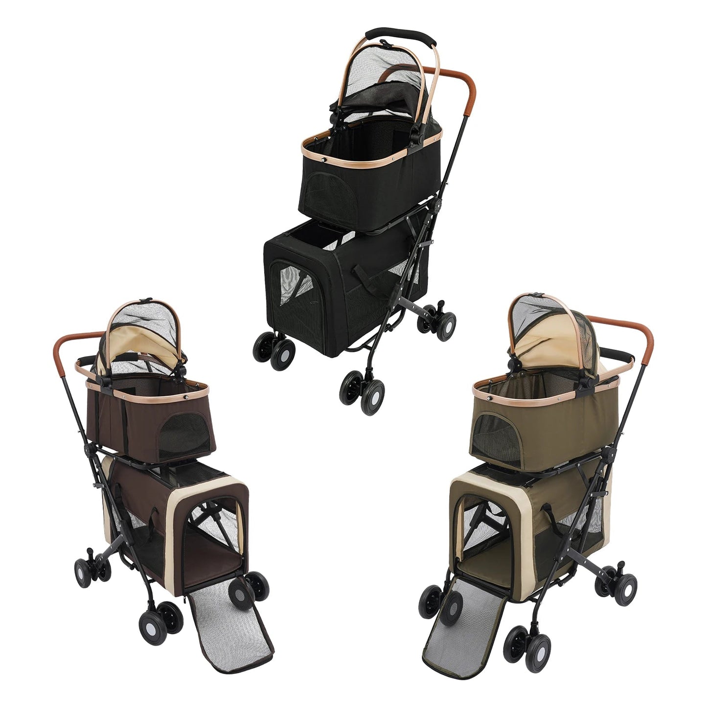 Double-Tier Foldable Pet Stroller with Detachable Compartments for Dogs and Cats – Suitable for Small to Medium Pets
