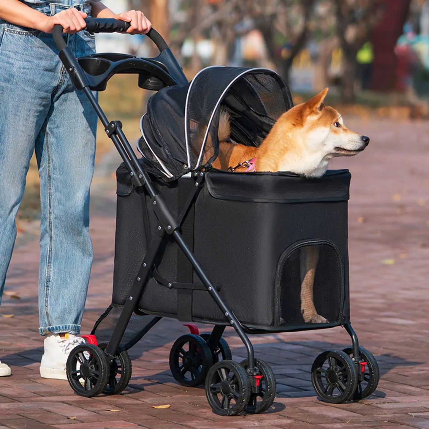 Foldable Pet Stroller for Dogs and Cats – One-Click Folding Design with Sunshade and Cup Holder