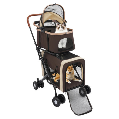 Double-Tier Foldable Pet Stroller with Detachable Compartments for Dogs and Cats – Suitable for Small to Medium Pets