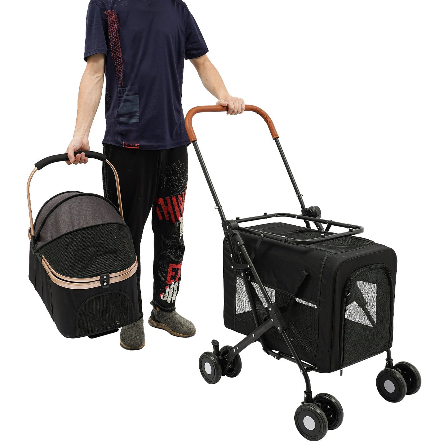Double-Tier Foldable Pet Stroller with Detachable Compartments for Dogs and Cats – Suitable for Small to Medium Pets
