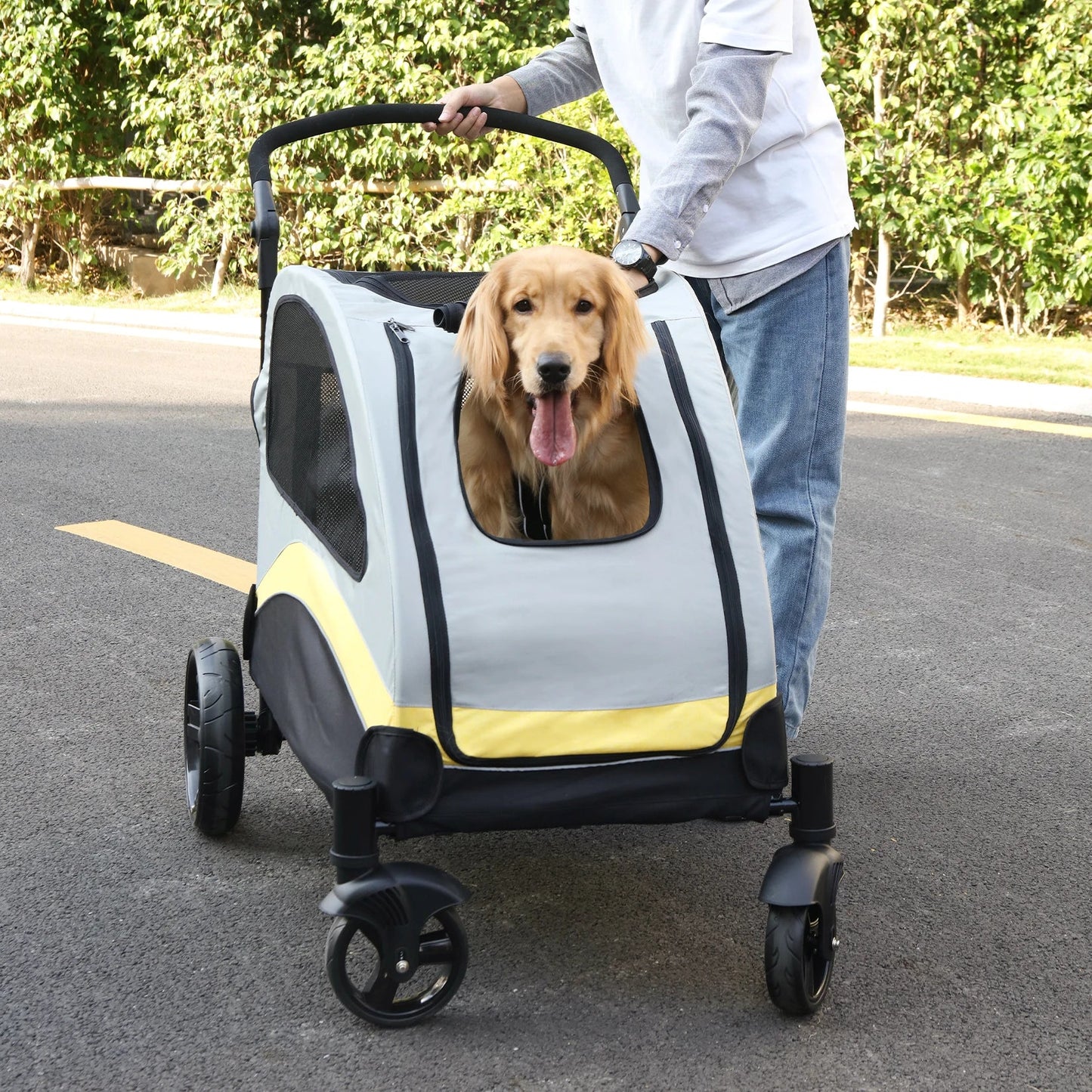 Portable Foldable Pet Stroller with 4 Wheels for Dogs and Cats – Breathable Carrier for Large Pets