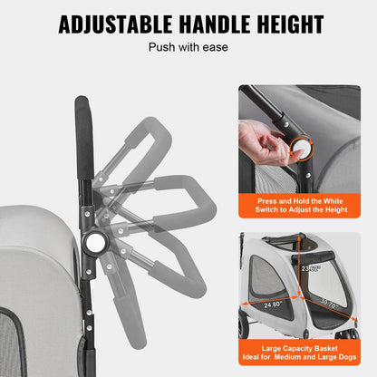 SucceBuy Heavy-Duty Pet Stroller for Dogs – 4-Wheel Design with Adjustable Handle and Brakes, Dark Grey (Up to 160 lbs)