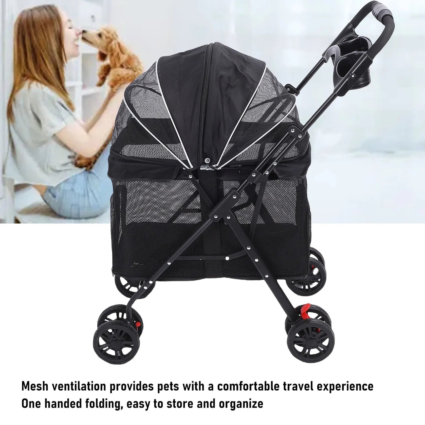 Foldable Pet Stroller for Dogs and Cats – One-Click Folding Design with Sunshade and Cup Holder