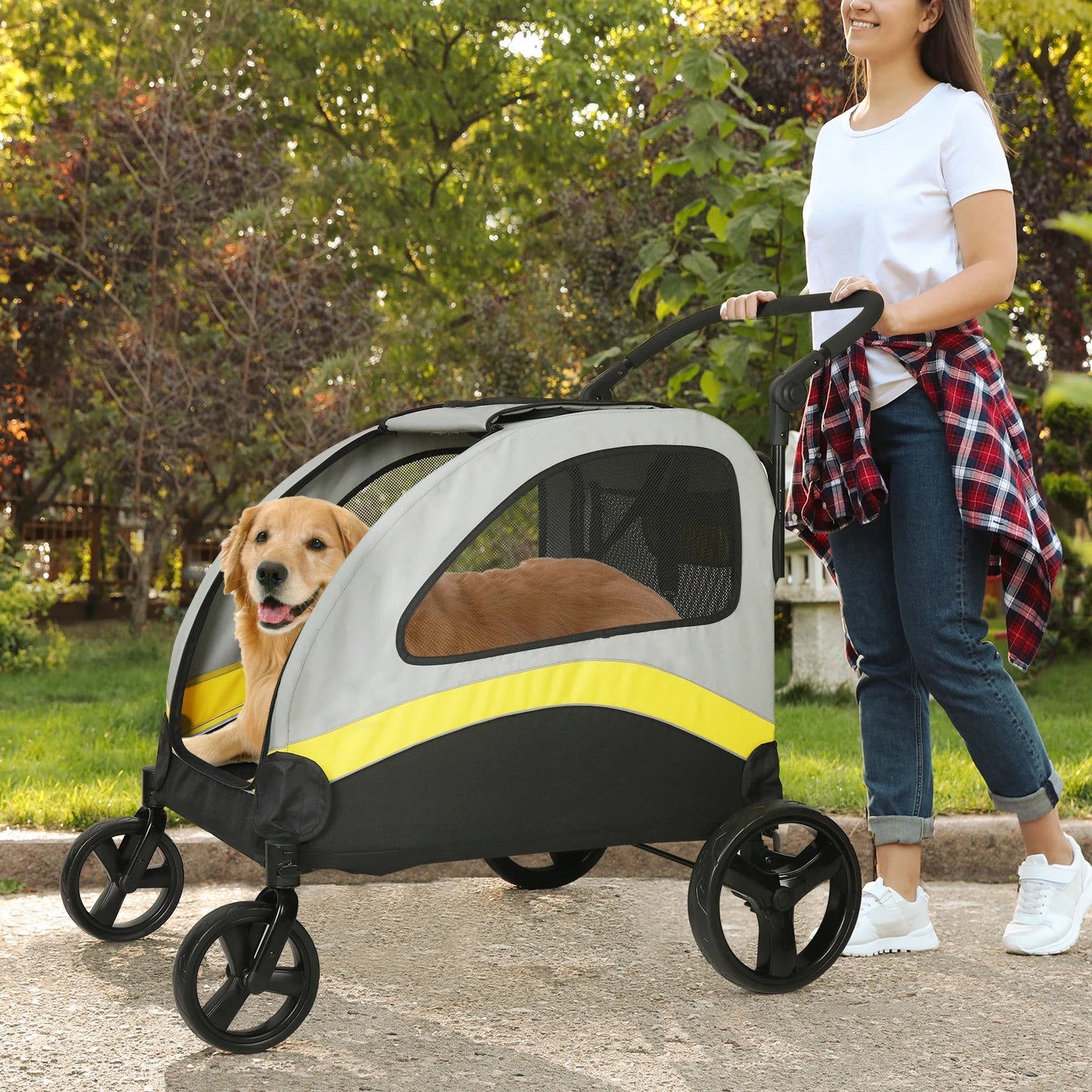 Portable Foldable Pet Stroller with 4 Wheels for Dogs and Cats – Breathable Carrier for Large Pets