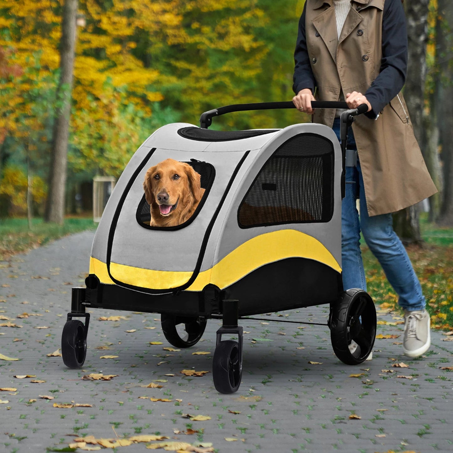 Portable Foldable Pet Stroller with 4 Wheels for Dogs and Cats – Breathable Carrier for Large Pets