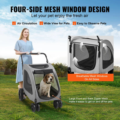 SucceBuy Heavy-Duty Pet Stroller for Dogs – 4-Wheel Design with Adjustable Handle and Brakes, Dark Grey (Up to 160 lbs)