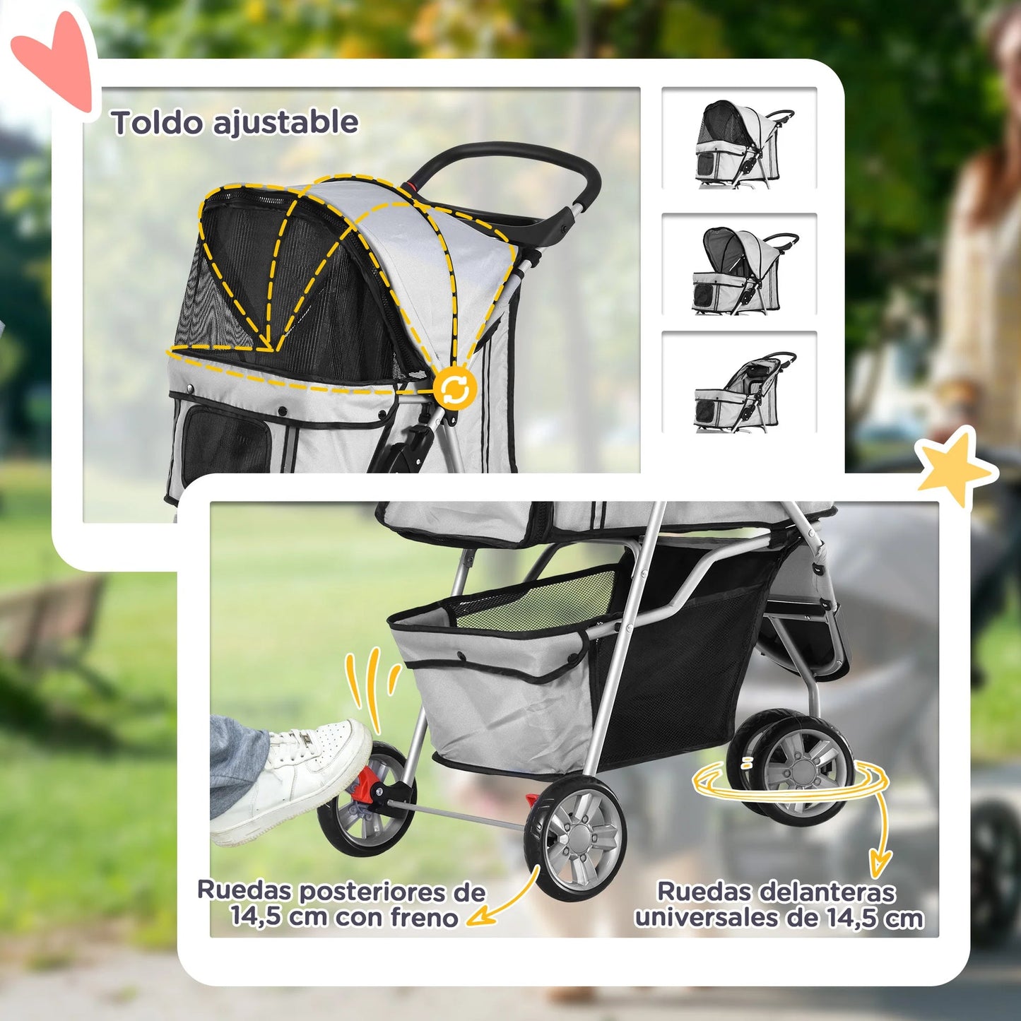 PawHut Foldable Pet Pram for Dogs and Cats – Grey Pet Cart with Wheels, 75 x 45 x 97 cm