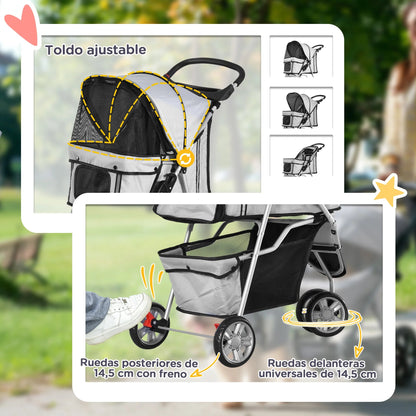 PawHut Foldable Pet Pram for Dogs and Cats – Grey Pet Cart with Wheels, 75 x 45 x 97 cm