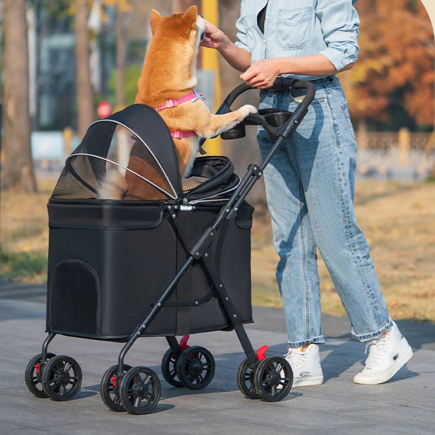 Foldable Pet Stroller for Dogs and Cats – One-Click Folding Design with Sunshade and Cup Holder
