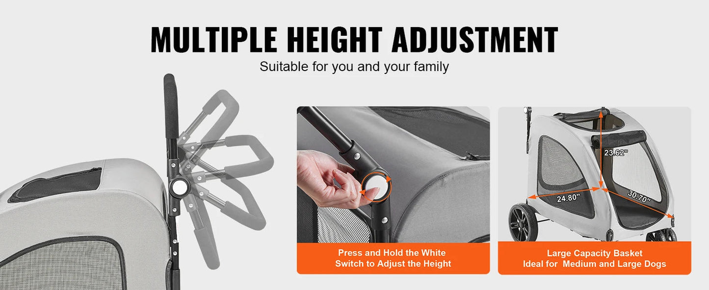 SucceBuy Heavy-Duty Pet Stroller for Dogs – 4-Wheel Design with Adjustable Handle and Brakes, Dark Grey (Up to 160 lbs)