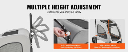 SucceBuy Heavy-Duty Pet Stroller for Dogs – 4-Wheel Design with Adjustable Handle and Brakes, Dark Grey (Up to 160 lbs)