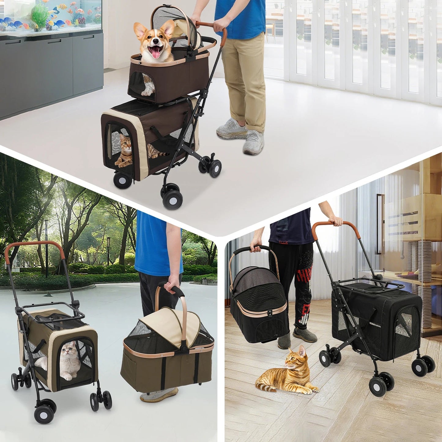 Double-Tier Foldable Pet Stroller with Detachable Compartments for Dogs and Cats – Suitable for Small to Medium Pets