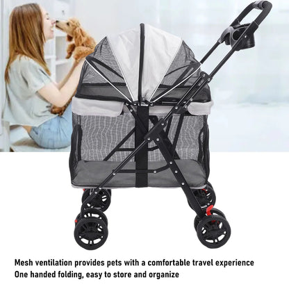 Foldable Pet Stroller for Dogs and Cats – One-Click Folding Design with Sunshade and Cup Holder