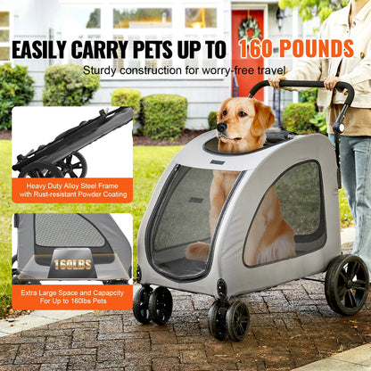 SucceBuy Heavy-Duty Pet Stroller for Dogs – 4-Wheel Design with Adjustable Handle and Brakes, Dark Grey (Up to 160 lbs)
