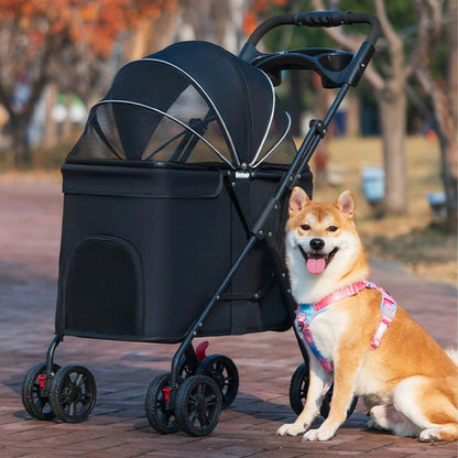 Foldable Pet Stroller for Dogs and Cats – One-Click Folding Design with Sunshade and Cup Holder