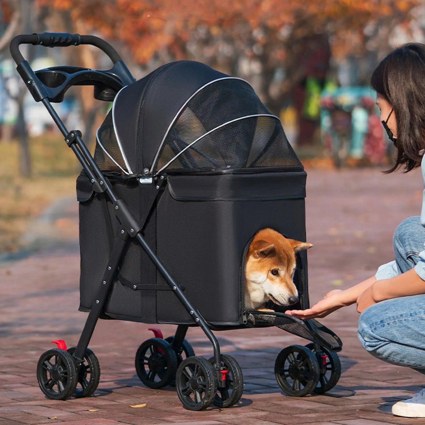 Foldable Pet Stroller for Dogs and Cats – One-Click Folding Design with Sunshade and Cup Holder