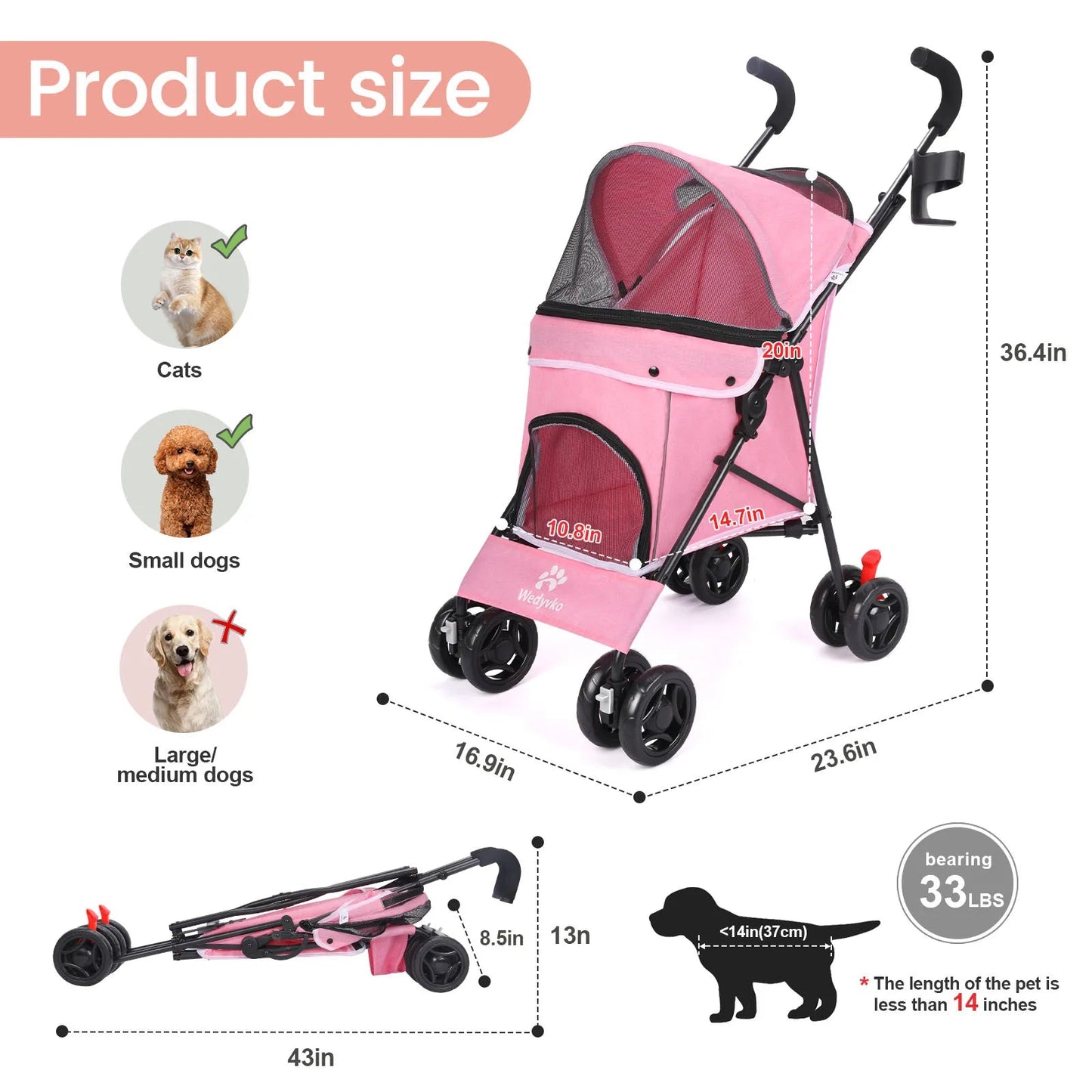 Lightweight Foldable Pet Stroller for Dogs and Cats – Breathable Travel Stroller for Small to Medium Pets