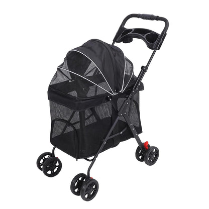 Foldable Pet Stroller for Dogs and Cats – One-Click Folding Design with Sunshade and Cup Holder