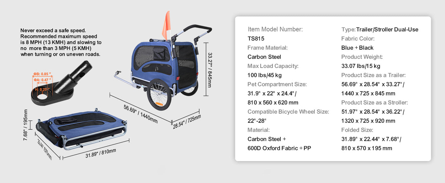 SucceBuy 2-in-1 Dog Bike Trailer and Pet Stroller – Bicycle Carrier with Wheels and Safety Flag, Up to 100 lbs