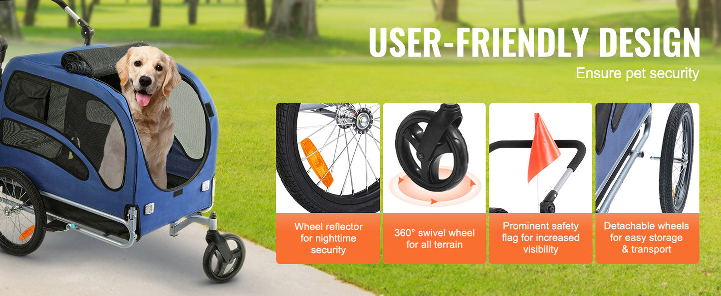 SucceBuy 2-in-1 Dog Bike Trailer and Pet Stroller – Bicycle Carrier with Wheels and Safety Flag, Up to 100 lbs