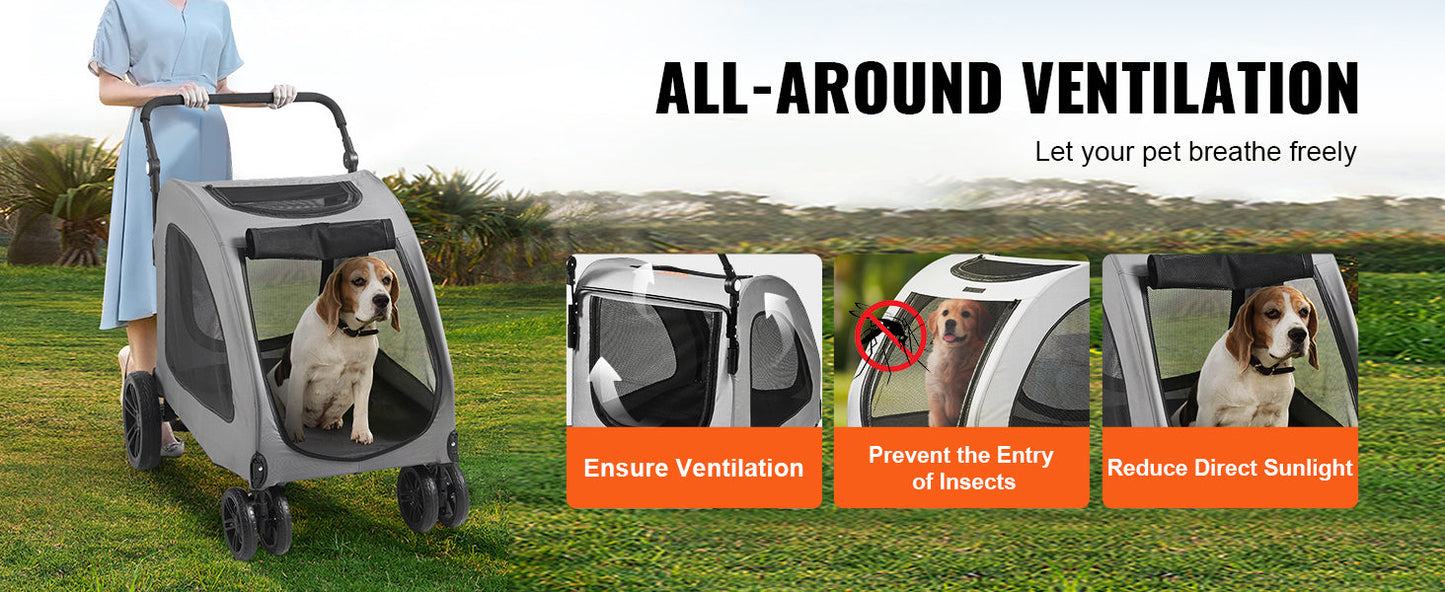 SucceBuy Heavy-Duty Pet Stroller for Dogs – 4-Wheel Design with Adjustable Handle and Brakes, Dark Grey (Up to 160 lbs)